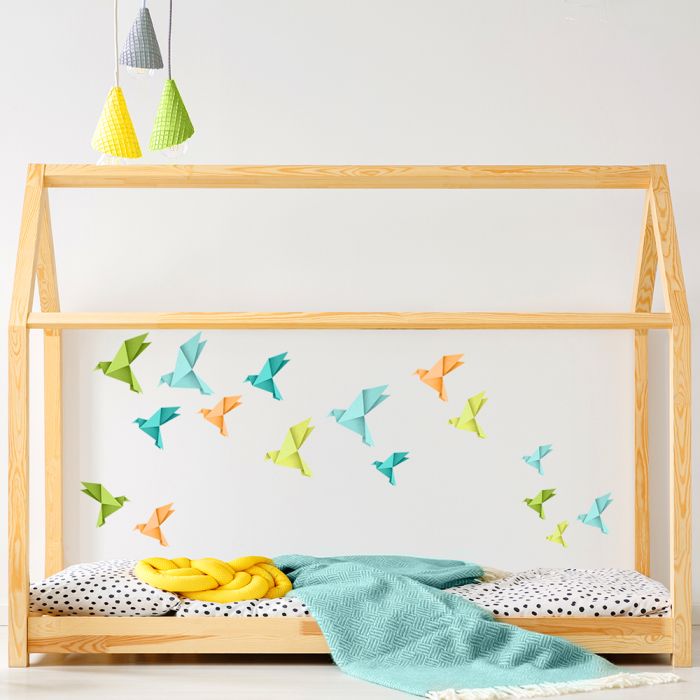 Origami vtáčiky - oranžové, zelené a modré - nálepka na stenu