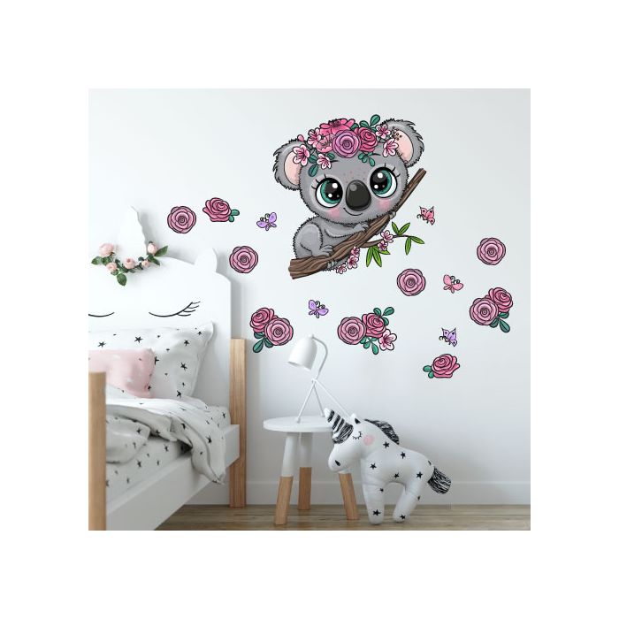 koala s kvitkami a motýľmi