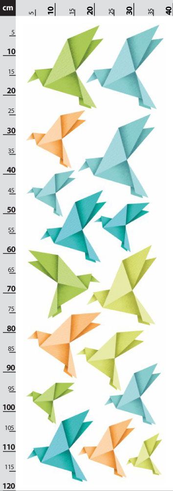 Origami vtáčiky - oranžové, zelené a modré - nálepka na stenu
