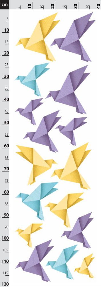 Origami ptáčci - fialové, žlté a modré - nálepky na zeď