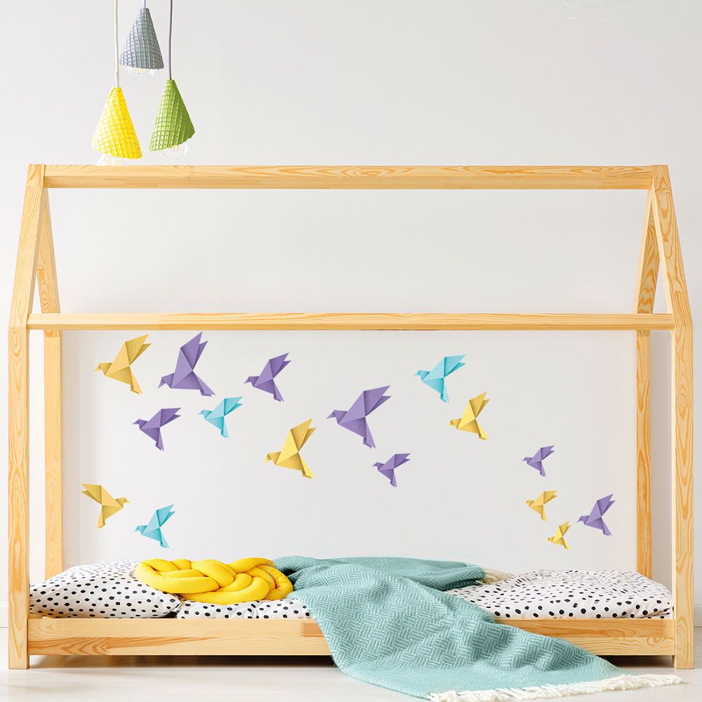 Origami ptáčci - fialové, žlté a modré - nálepky na zeď