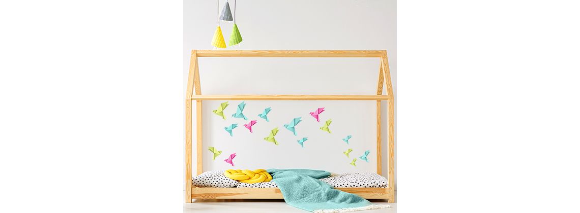 Origami vtáčiky - ružové, zelené a modré - nálepka na stenu