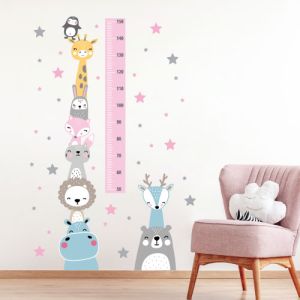 Detský meter zvieratká ružový - nálepka na stenu