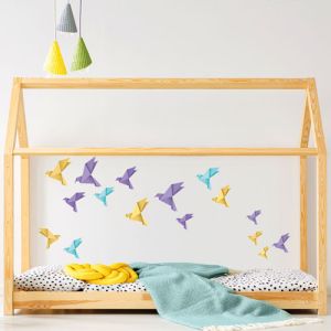 Origami vtáčiky - fialové, žlté a modré - nálepka na stenu