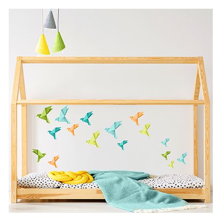 Origami vtáčiky - oranžové, zelené a modré - nálepka na stenu