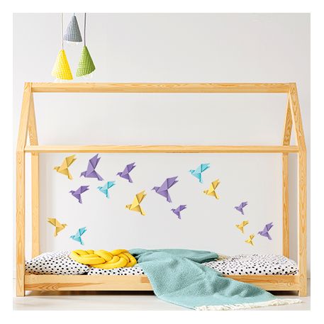 Origami ptáčci - fialové, žlté a modré - nálepky na zeď