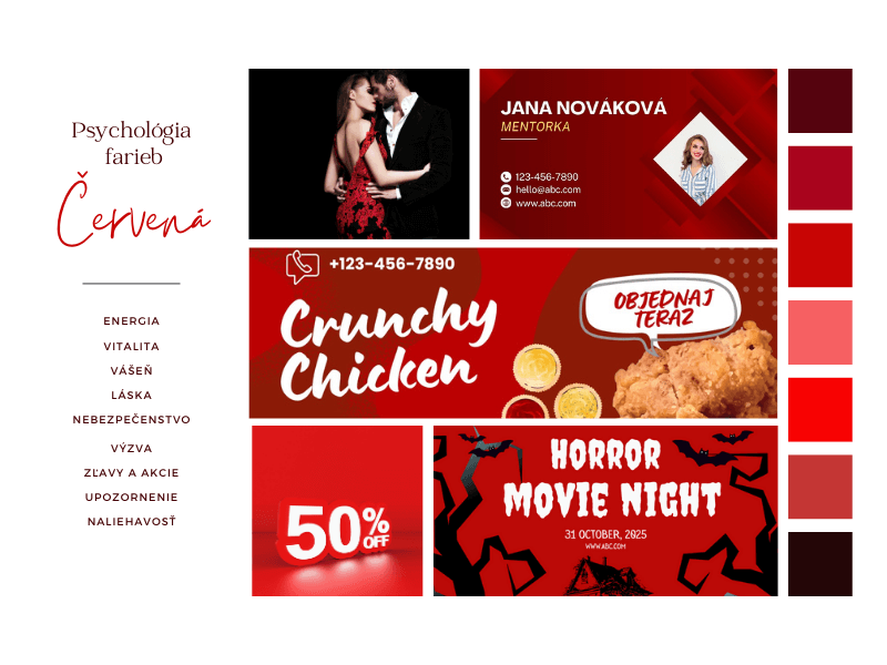 Ukážky maloformátovej tlače a obrázkov v červených farbách.