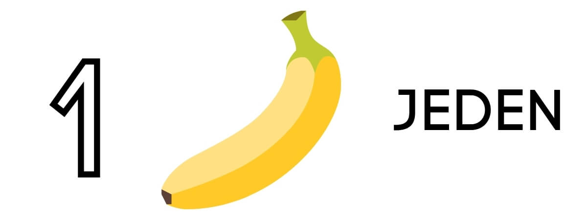 Kartička na učenie sa počítania s číslom jeden, obrázkom banánu a slovom jeden.