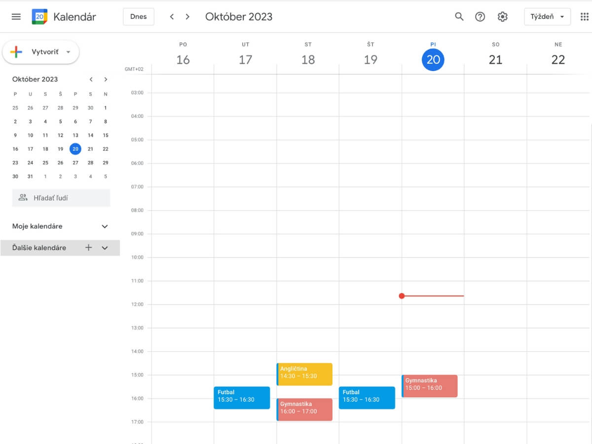 Aktivity zapísané v online kalendári Google.