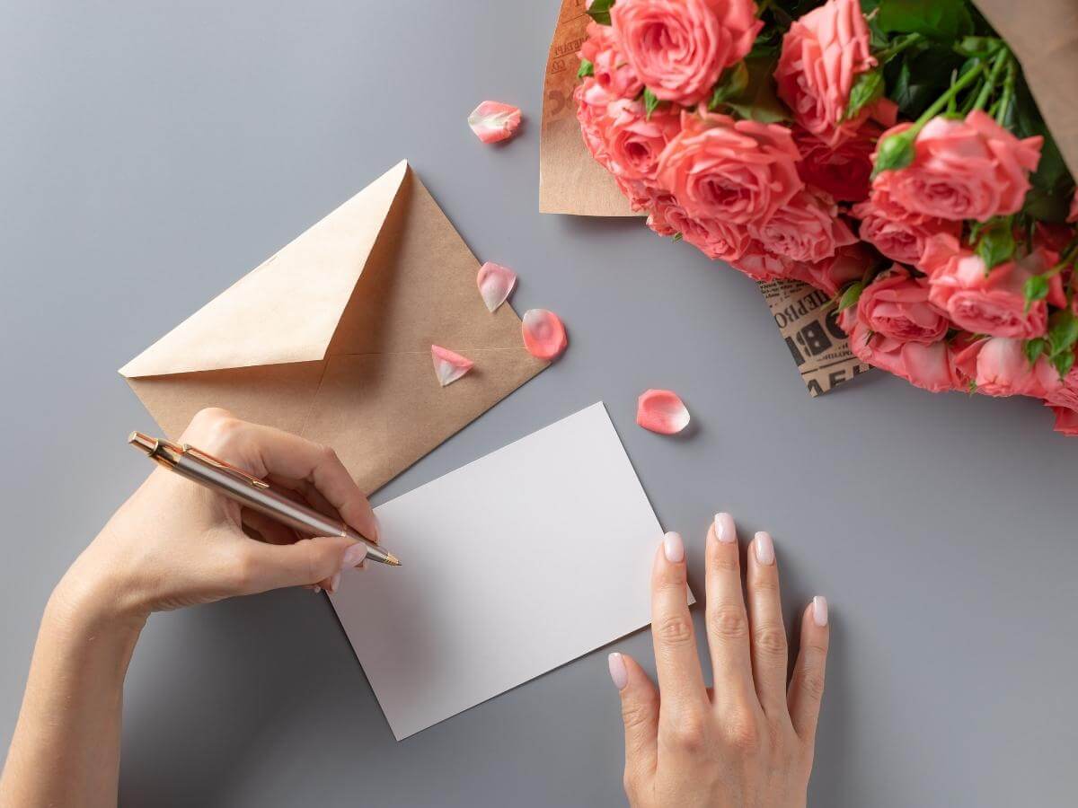 Žena píše list ľavou rukou vedľa kytice ruží