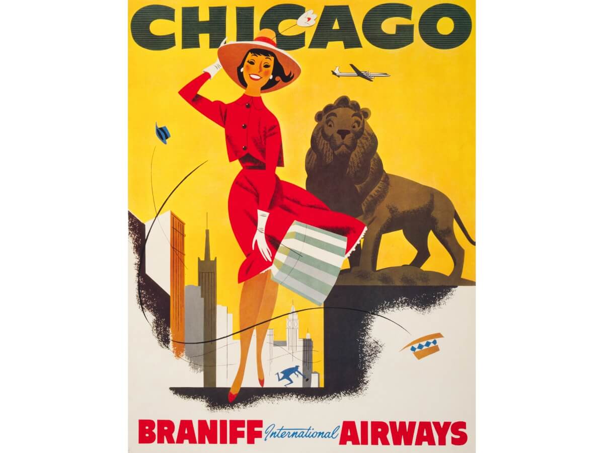 Plagát aerolinky Braniff International Airways z roku 1950.
