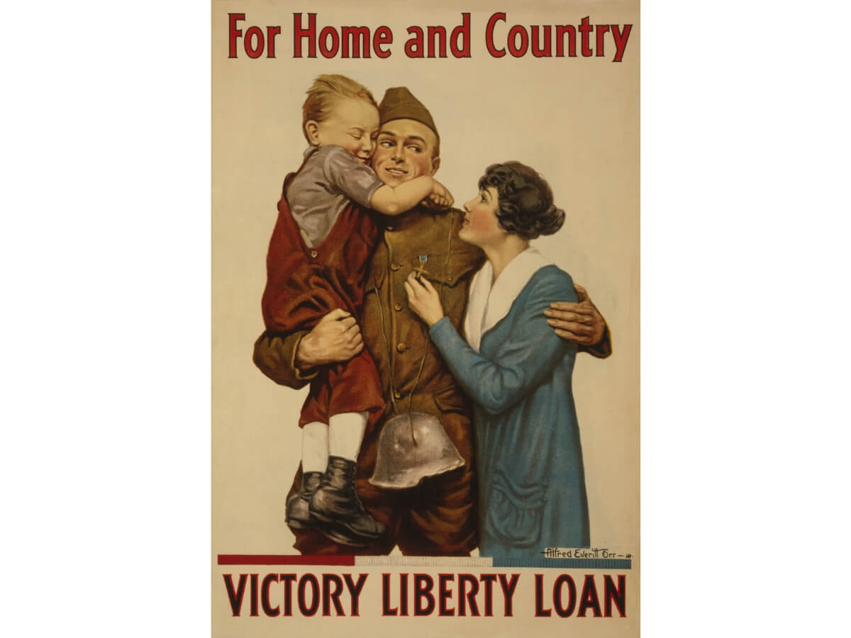 Plagát od Alfreda Everitt Orr počas propagandy 1. svetovej vojny z roku 1918. 