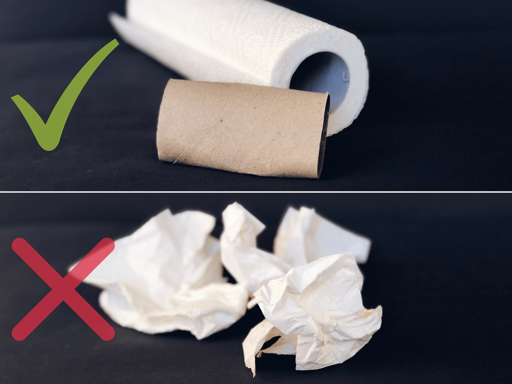 Rolka z toaletného papiera a použité vreckovky.