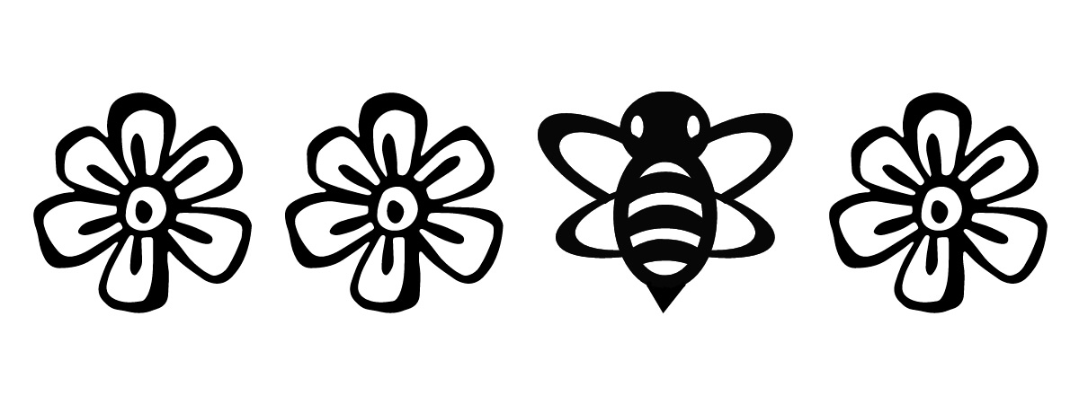 Tri obrázky kvetiniek a jedna včela.