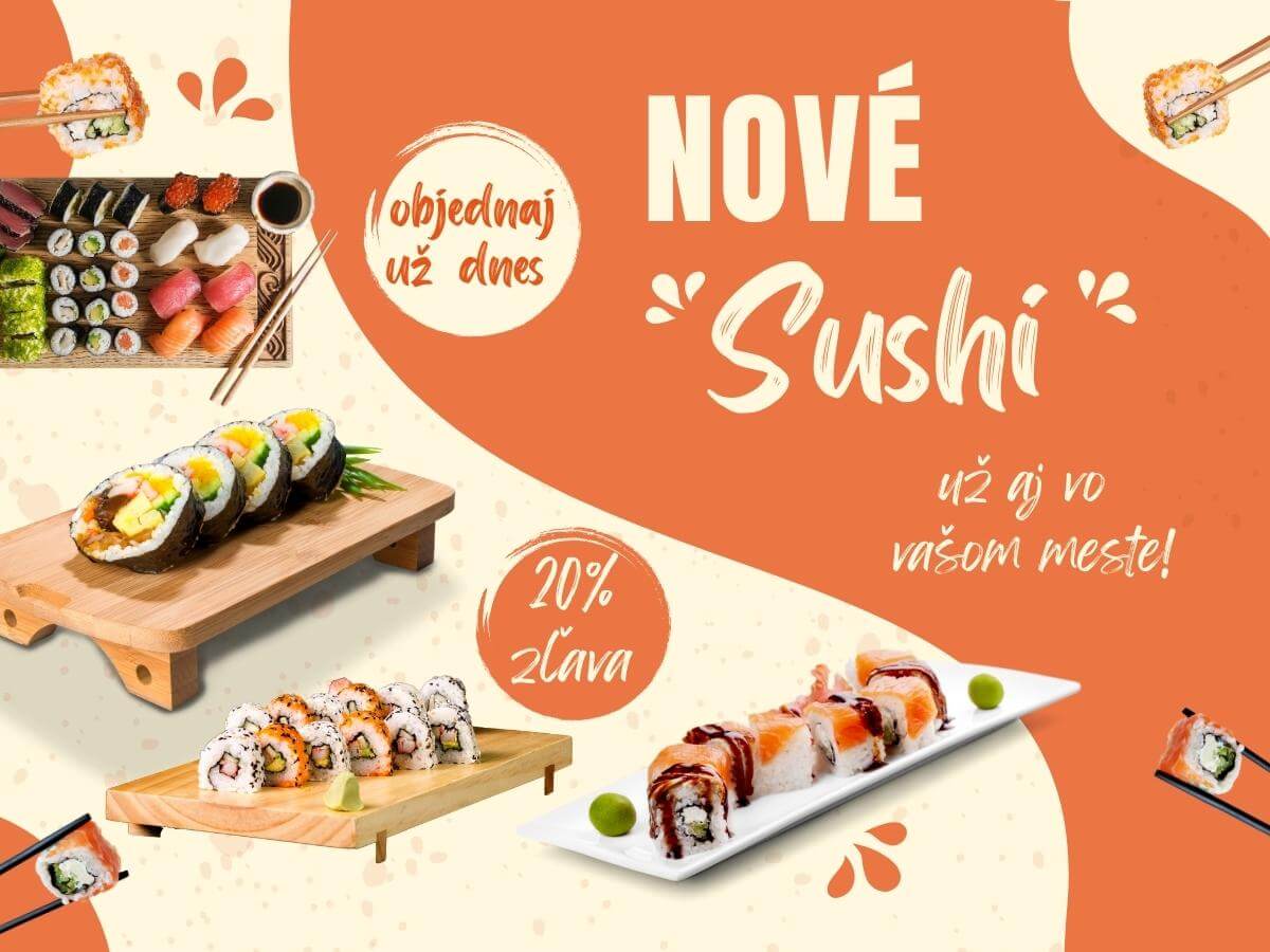 Plagát informujúci o novom sushi v ponuke.