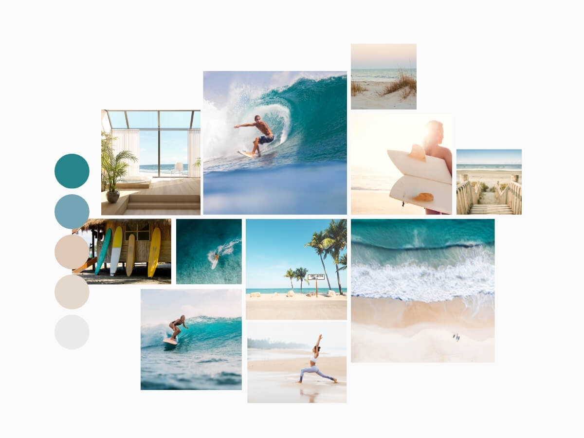 Vision board plážového života a surfovania.
