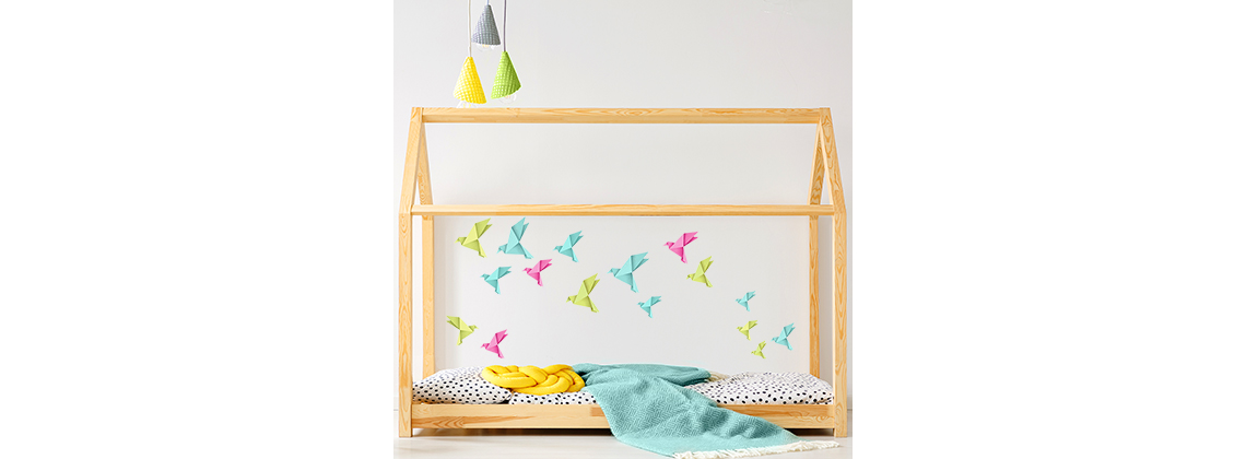 Origami vtáčiky - ružové, zelené a modré - nálepka na stenu