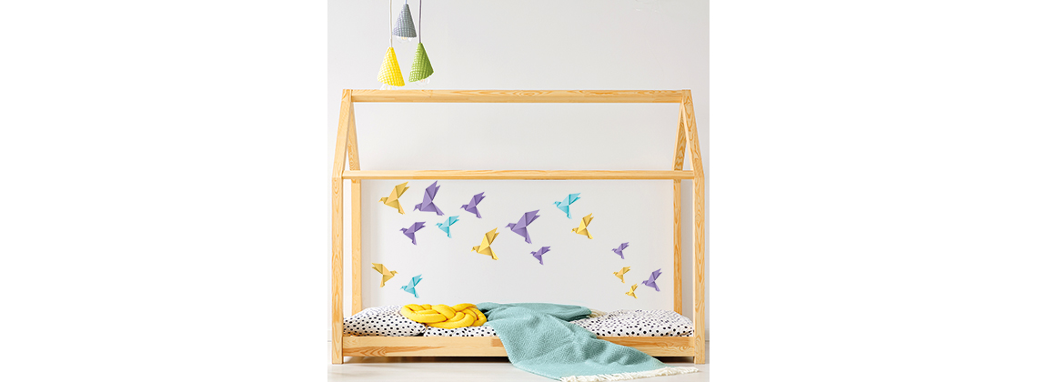 Origami ptáčci - fialové, žlté a modré - nálepky na zeď